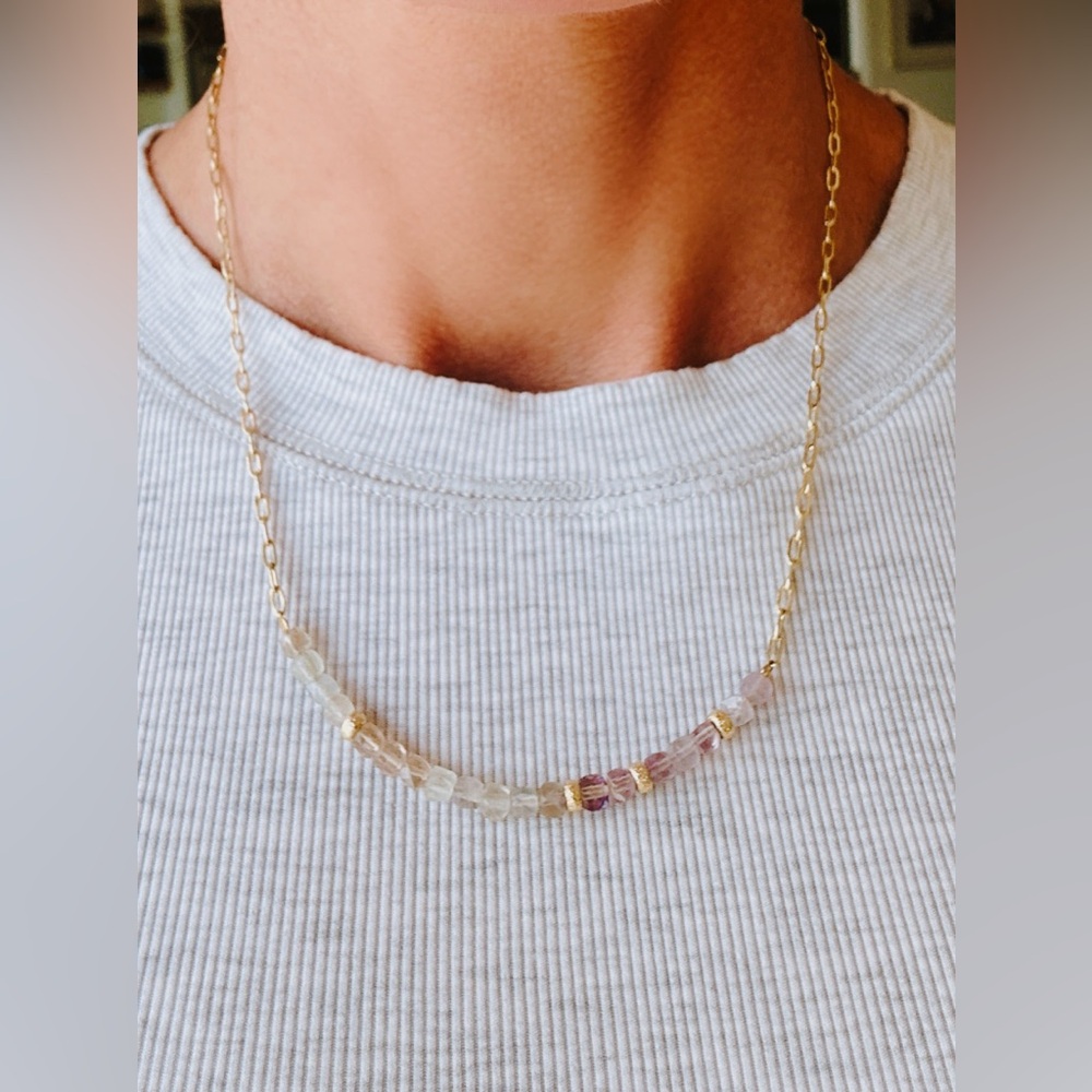 Pastel Gemstone Beaded Necklace Gold Paperclip Chain Waterproof Fluorite Crystal